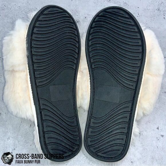 FUZZY FAUX BUNNY FUR CROSS BAND SLIPPERS IN IVORY NON-SLIP SIZE SMALL 5.5 - 6.5 - Picture 8 of 15